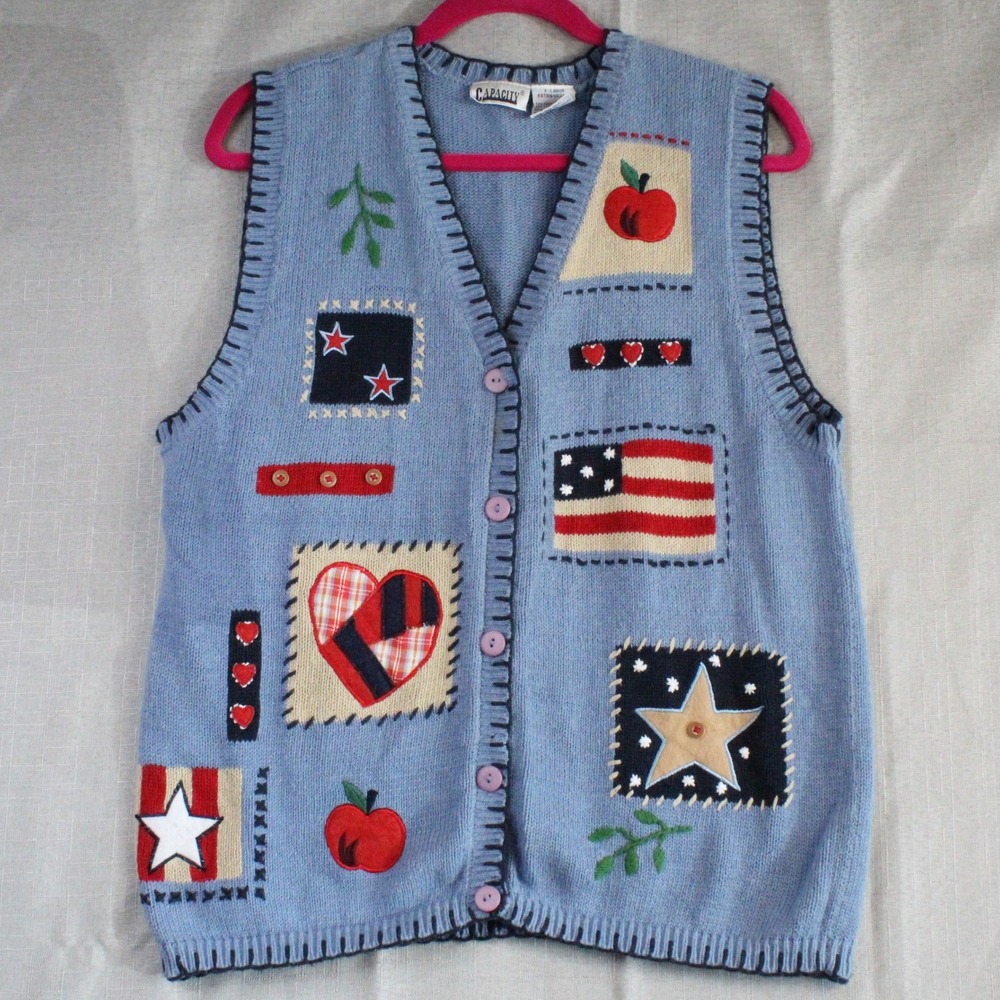 Capacity Americana Patchwork Sweater Vest XL Blue Stars Hearts Teacher Boho